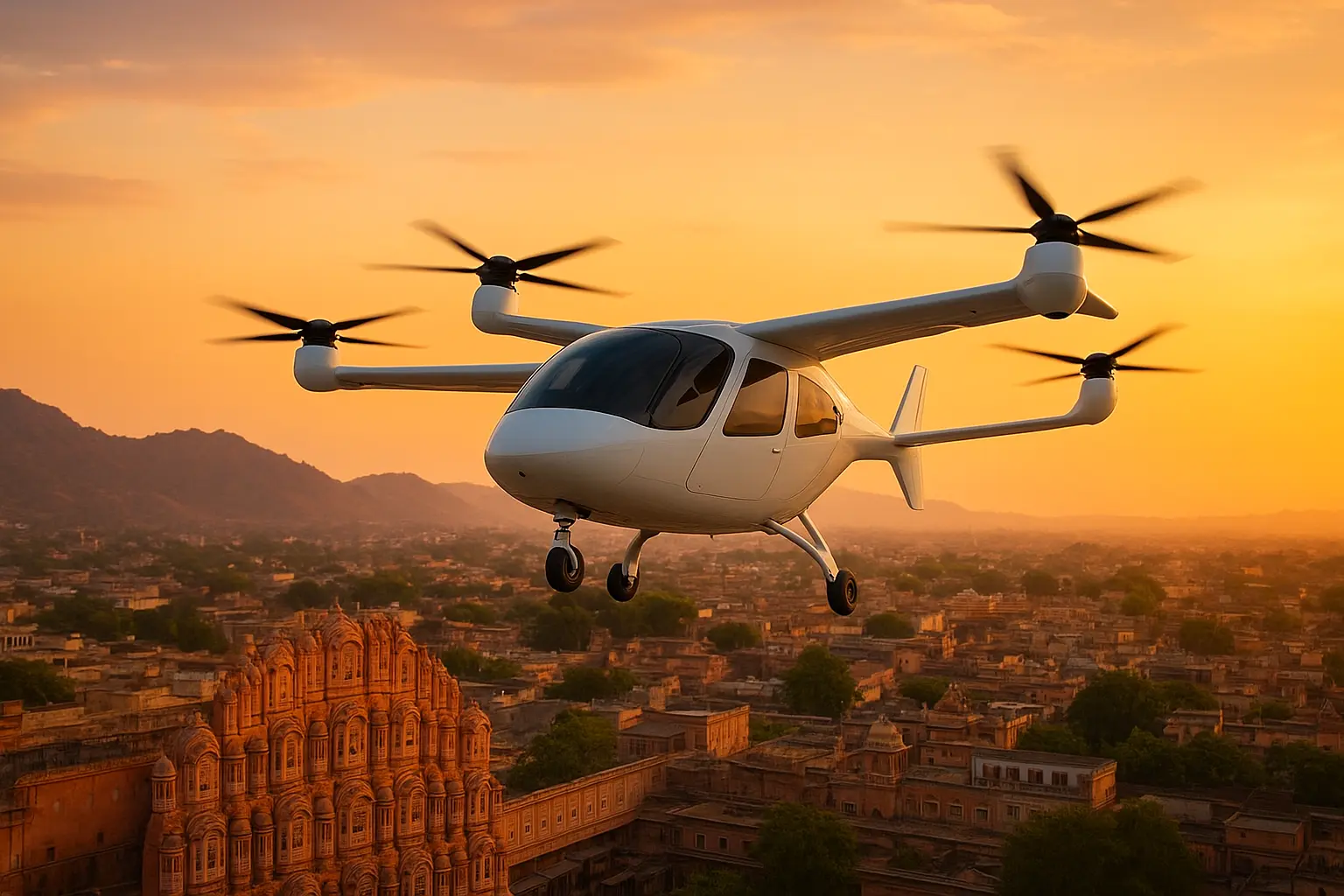 eVTOL aircraft flying above Jaipur’s Hawa Mahal at sunset, representing futuristic air mobility in India.