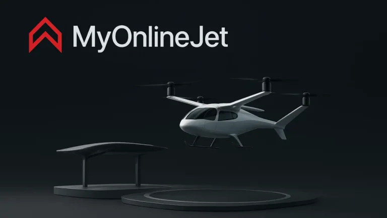 Futuristic eVTOL aircraft at a modern AI-powered vertiport by MyOnlineJet in India, representing innovation in urban air mobility.