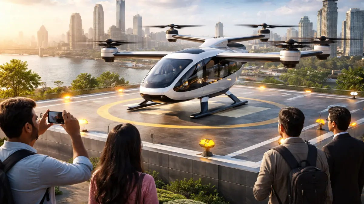 Futuristic air taxi landing on rooftop helipad in Indian city with people watching and skyline in background.